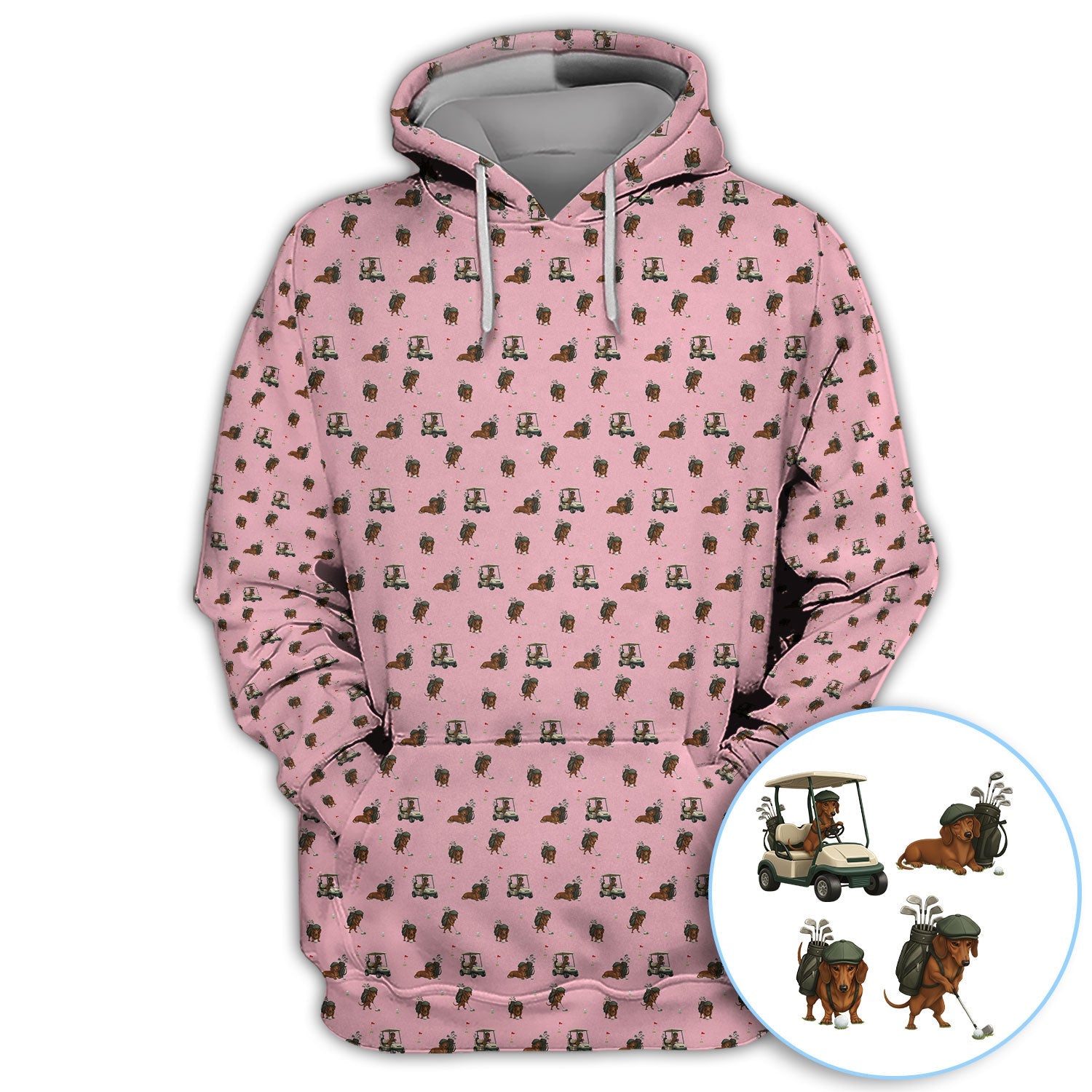 Funny Dachshund Golf Shirt, Wiener Dog Pattern Polos For Men, Golf Gift For Golfers