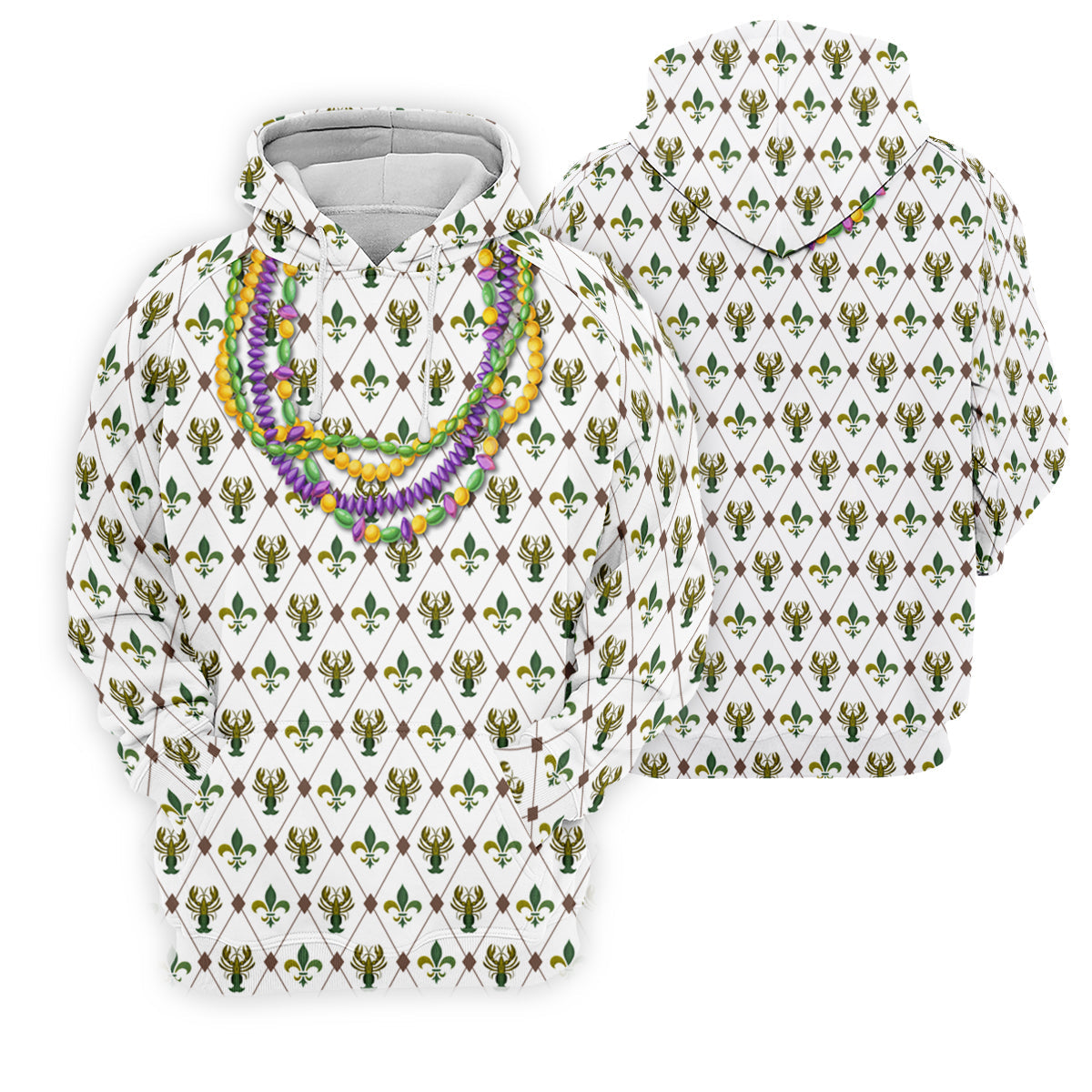 Mardi Gras Purple Green Gold Beads Chain Fleur De Lis Argyle Pattern White Golf Shirt, Women's Golf Tops