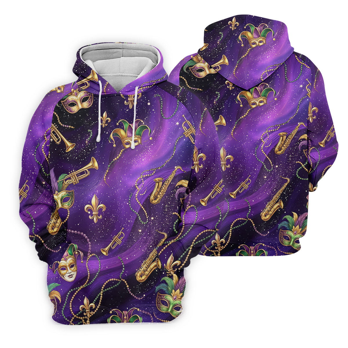 Golden Fleur De Lis Trumpet And Saxophone Mardi Gras Masquerade Mask Purple Golf Shirt, Women's Golf Tops
