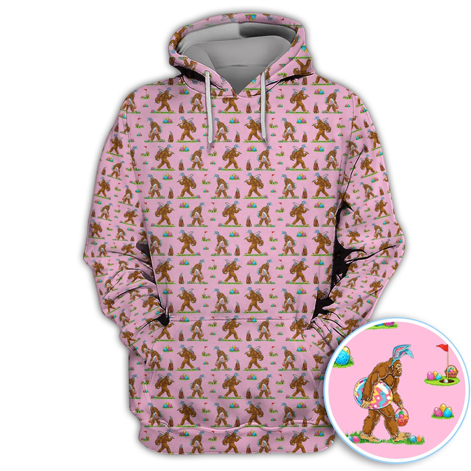Bigfoot Easter Pattern Golf Polos, Bunny Sasquatch Golf Shirt For Men, Easter Day Shirt For Golfer