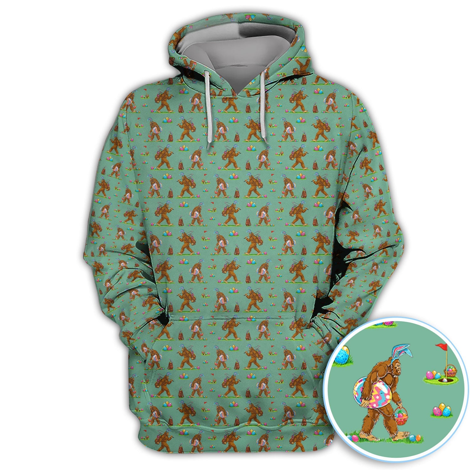 Bigfoot Easter Pattern Golf Polos, Bunny Sasquatch Golf Shirt For Men, Easter Day Shirt For Golfer