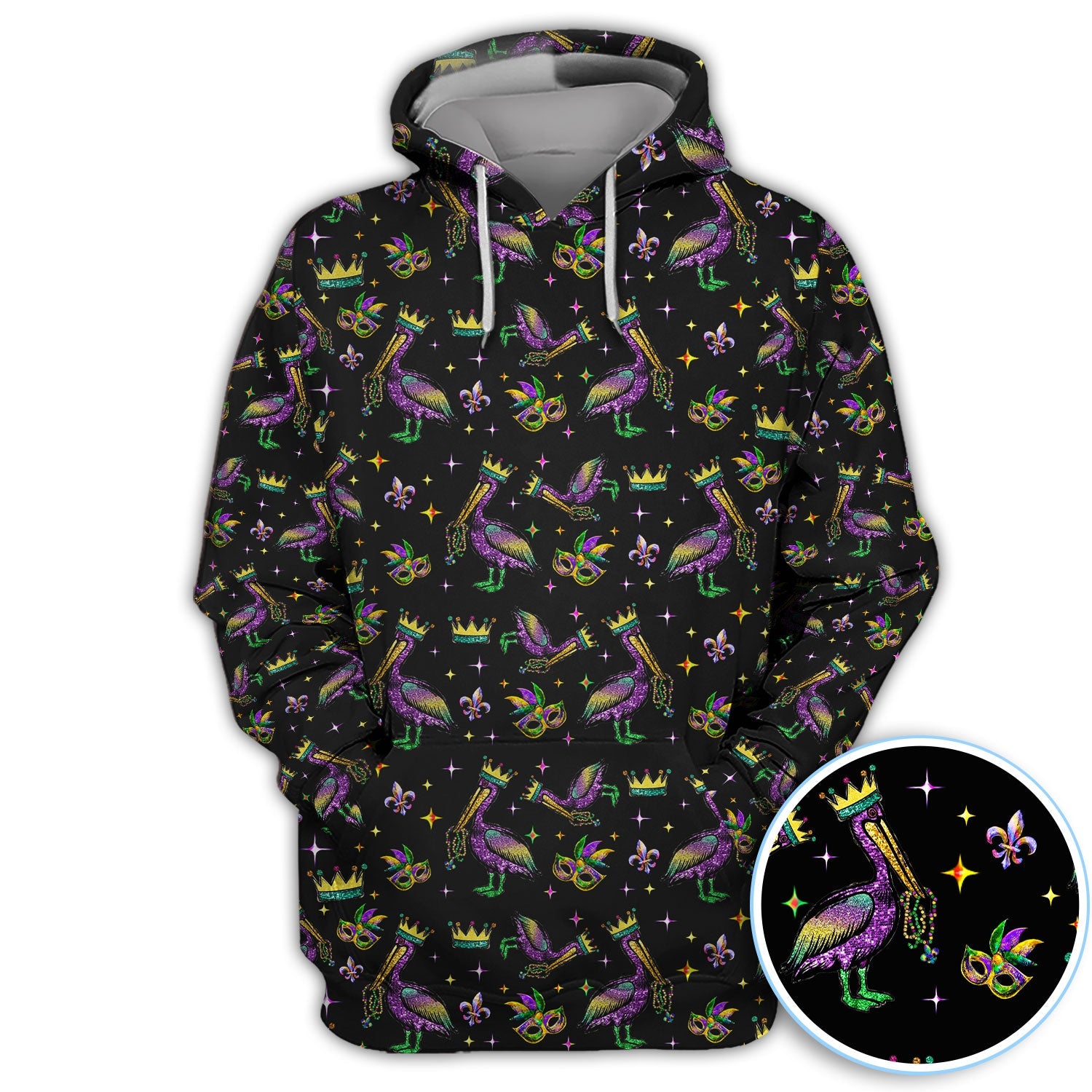 Mardi Gras Pelican Pattern Golf Polos, Funny Pelican Golf Shirt For Men, Crazy Golf Gift For Golfer