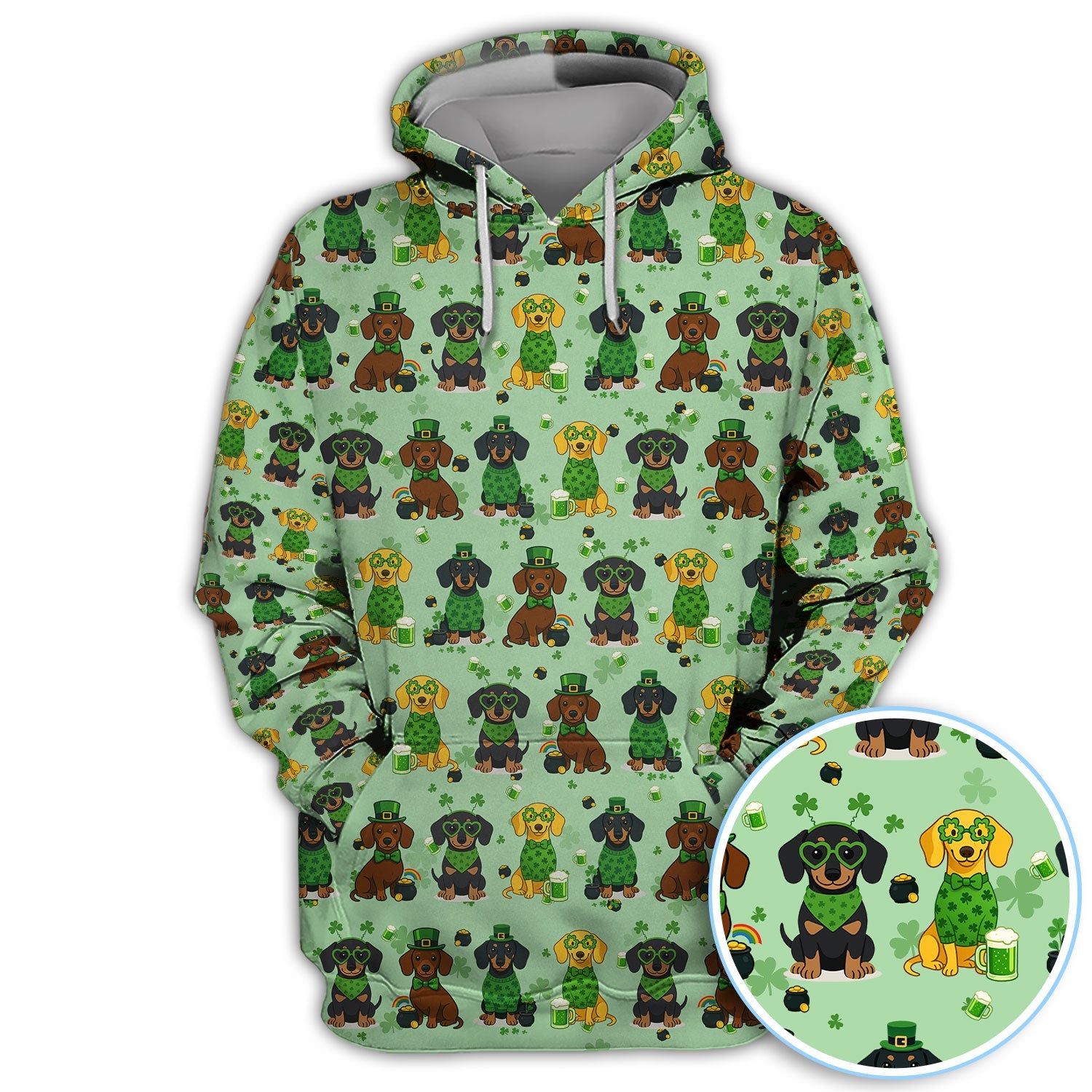St. Patrick’s Day Dachshund Dog Pattern Golf Shirt, Funny Shamrock Dog Golf Polos For Men, Golf Gift For Golfer