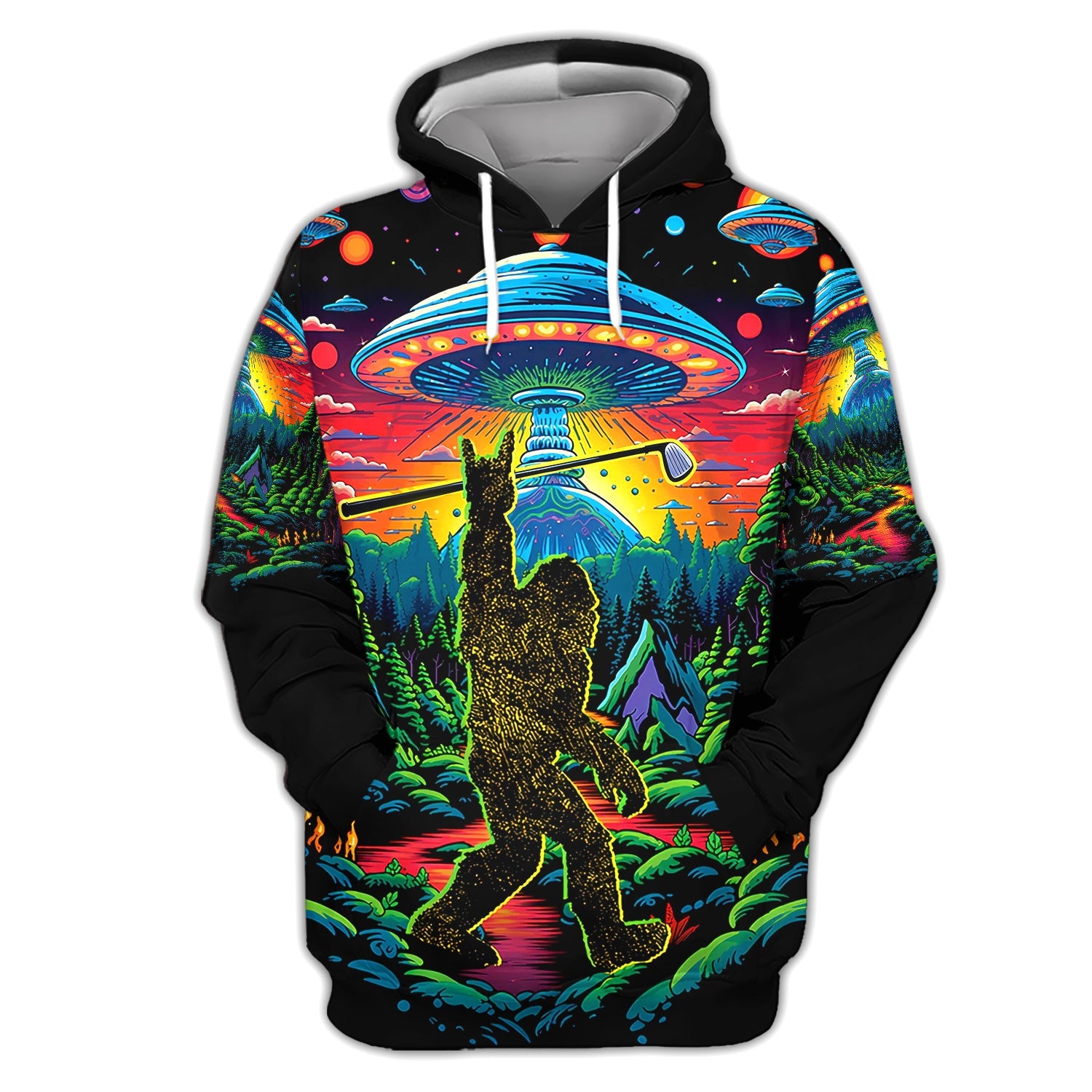 Psychedelic Bigfoot UFO Golf Pattern Shirt, Alien Bigfoot Golf Shirt For Men, Funny Golfer Gift