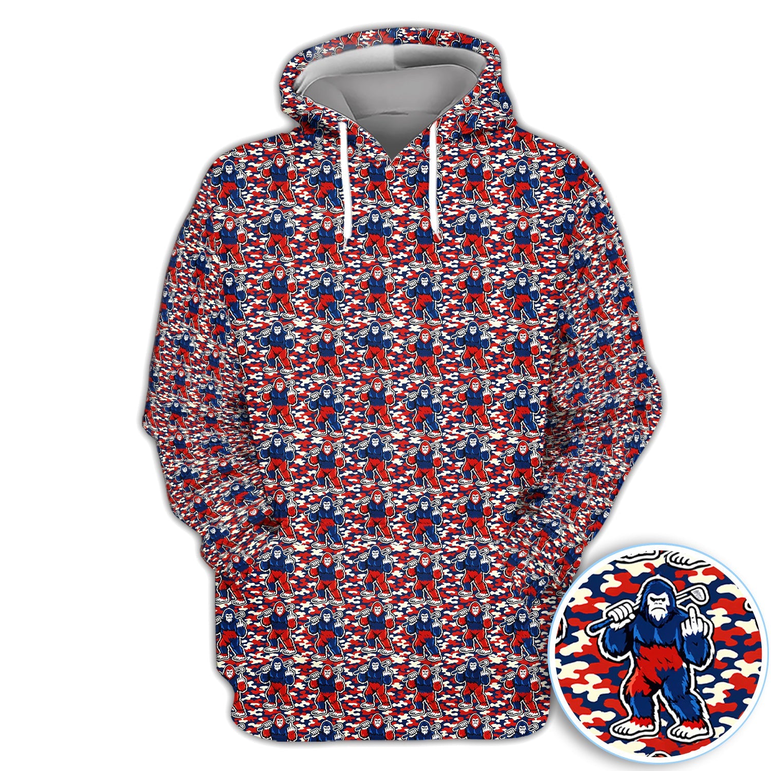 Patriotic Bigfoot Golf Polo Shirt, Red White Blue Camo Sasquatch Pattern Shirt, Funny Golfer Gift For Men