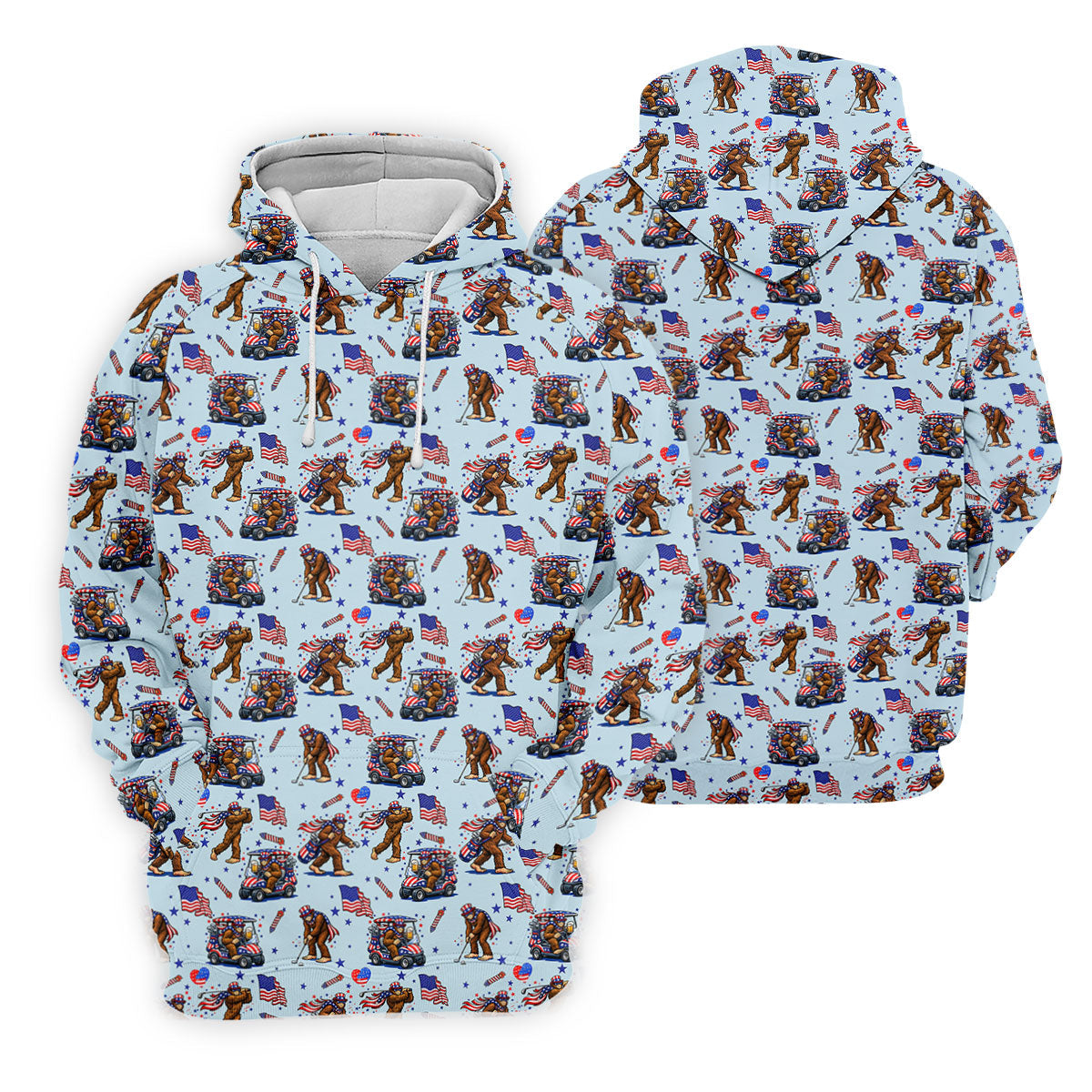 Funny Bigfoot 4th Of July American Flag Pattern Light Blue Women Golf Top, 250th Anniversary Patriotic Golf Shirt