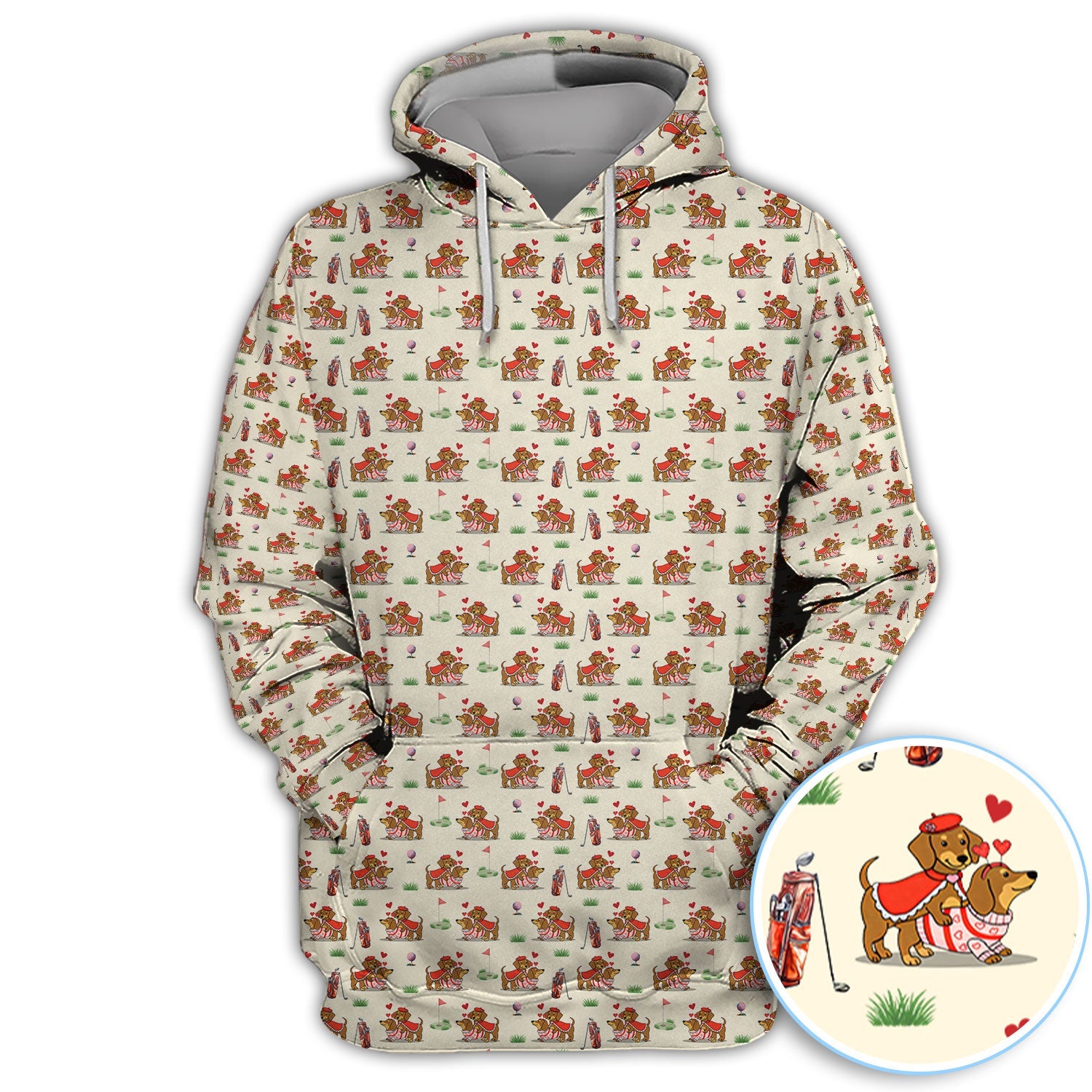 Valentine Dachshund Pattern Golf Shirt, Wiener Dog Love Golf Shirt, Golf Gift For Men