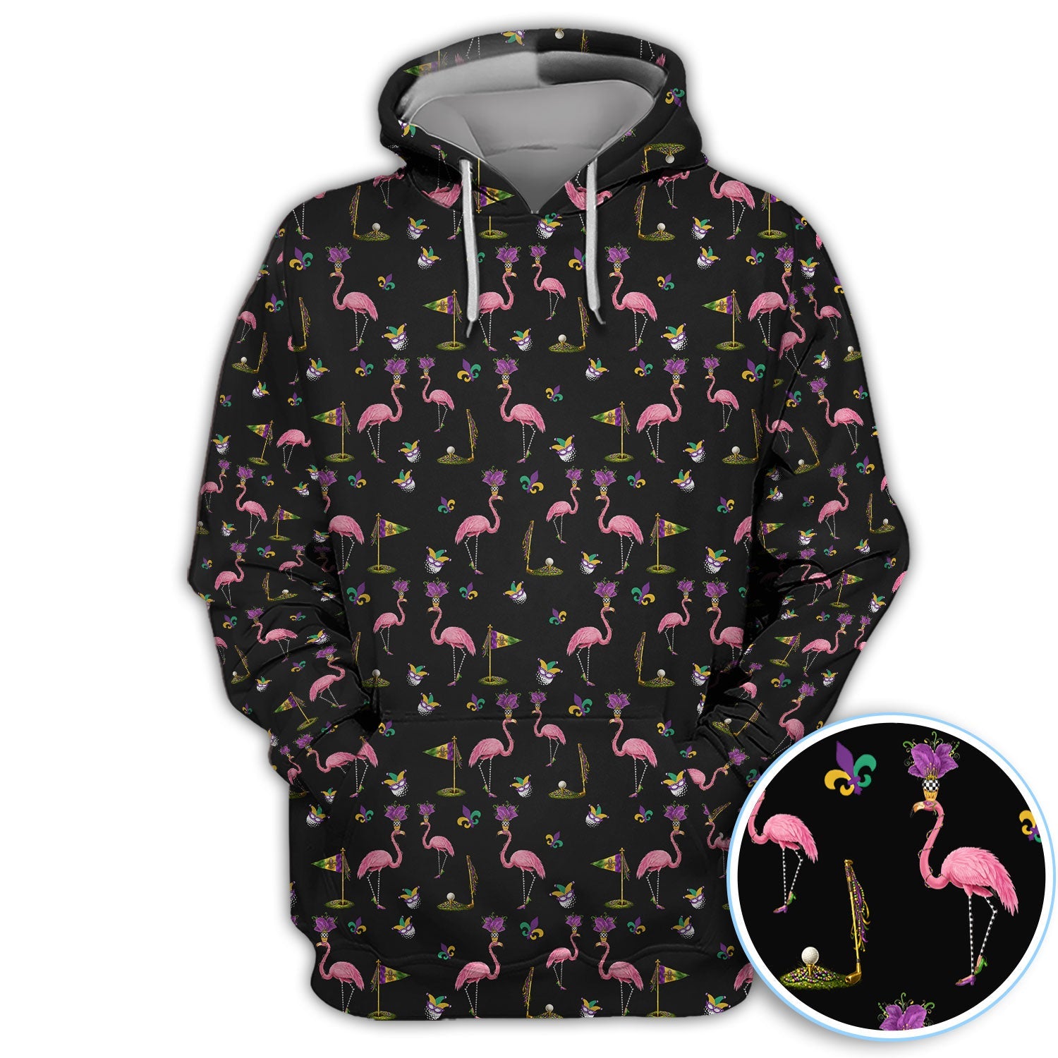 Flamingo Mardi Gras Golf Polos For Golfer, Funny Holiday Pattern Golf Shirt, Golf Gift For Men