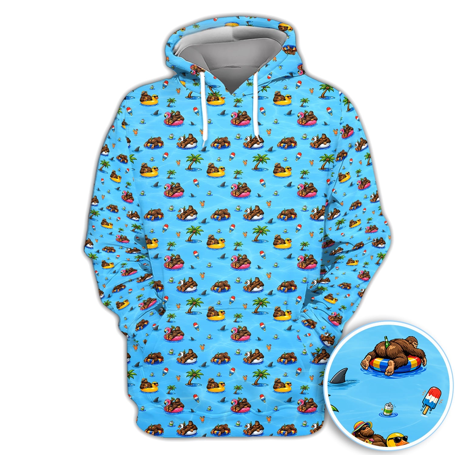 Funny Summer Bigfoot Pool Float Pattern Shirt, Sasquatch Beach Party Golf Polo Shirt For Men, Vacation Golf Gift