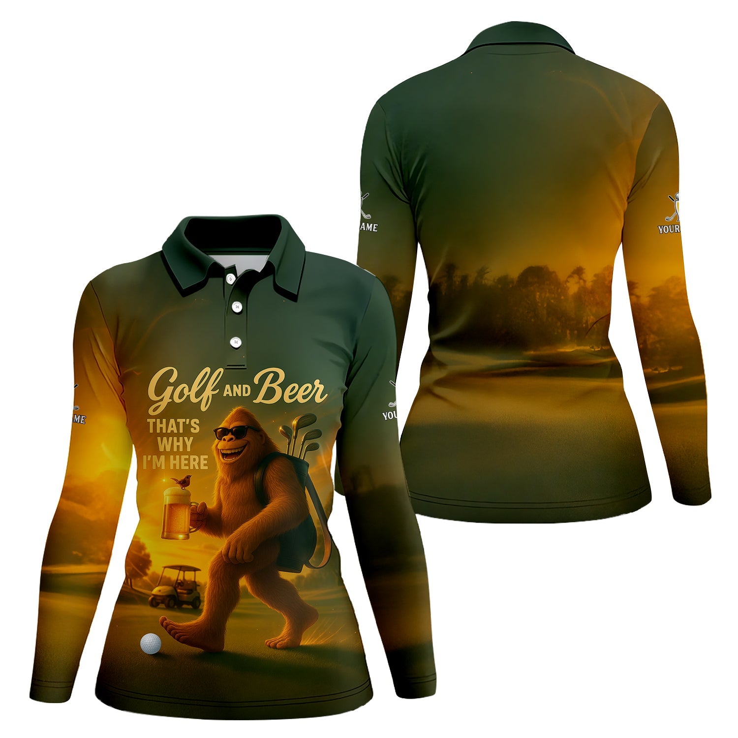 Personalized Funny Golf Shirt, Golf And Beer Polos, Bigfoot Golf Shirt For Men's