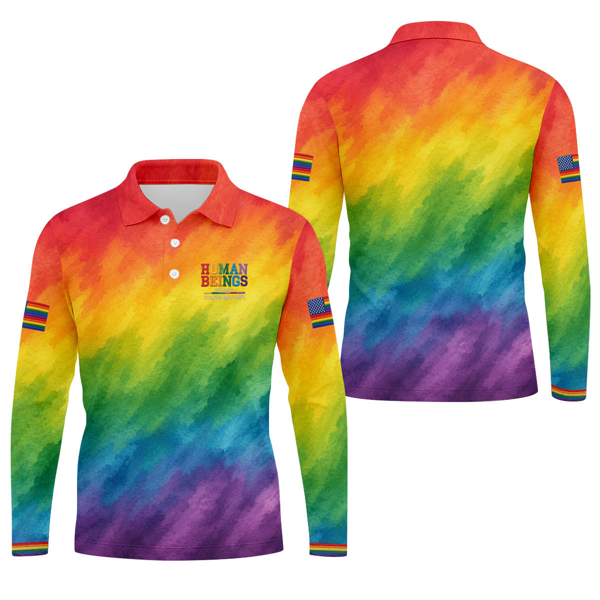 Human Beings LGBT Rainbow Golf Tops For Men, LGBT Pride Month Gradient Watercolor Polo Shirts For Men