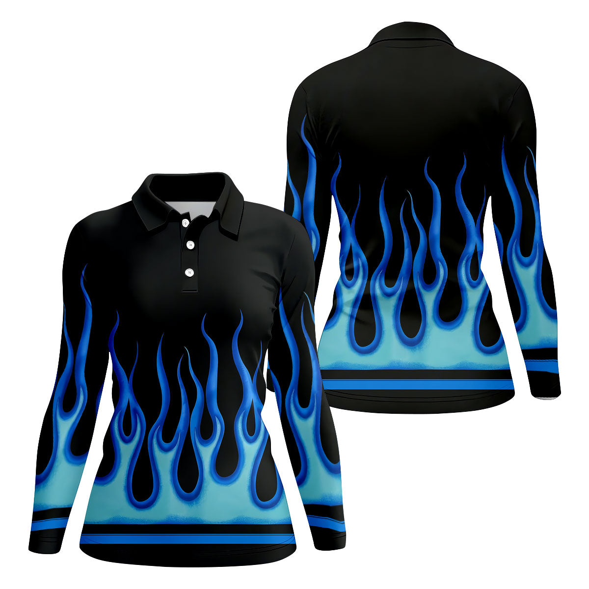 Black Blue Flame Sleeve Golf Shirt, Ladies Golf Shirts, Performance Golf Shirt