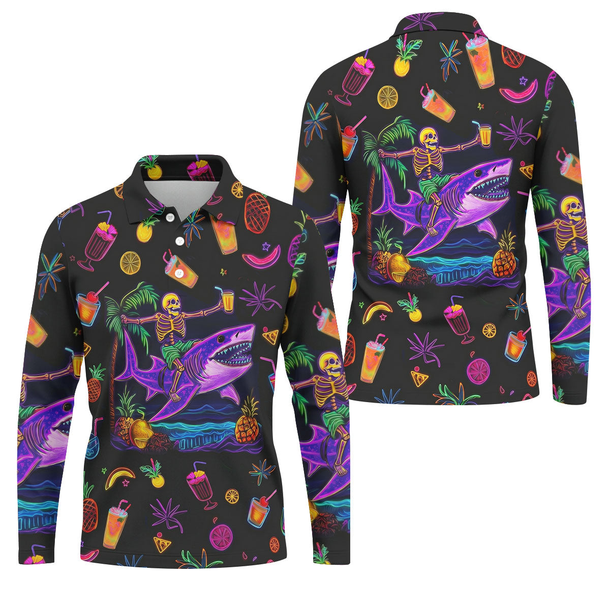 Neon Shark Beach Party Pattern Hawaiian Golf Shirt, Golf Shirts For Men, Polo Shirts For Men