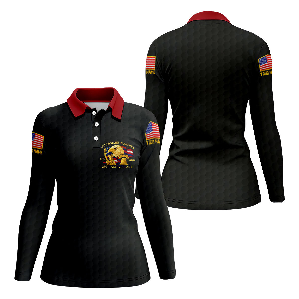 United States 250th Anniversary Patriotic Eagle Black Custom Golf Shirts, 4th Of July Golf Shirt For Women