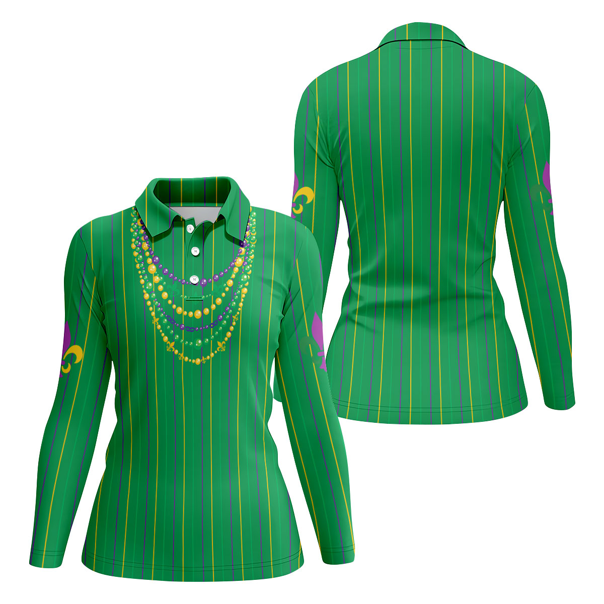 Mardi Gras Beads Necklaces Print Green Golf Shirt, Women's Golf Shirts, Ladies Golf Polos, Golf Shirt For Women