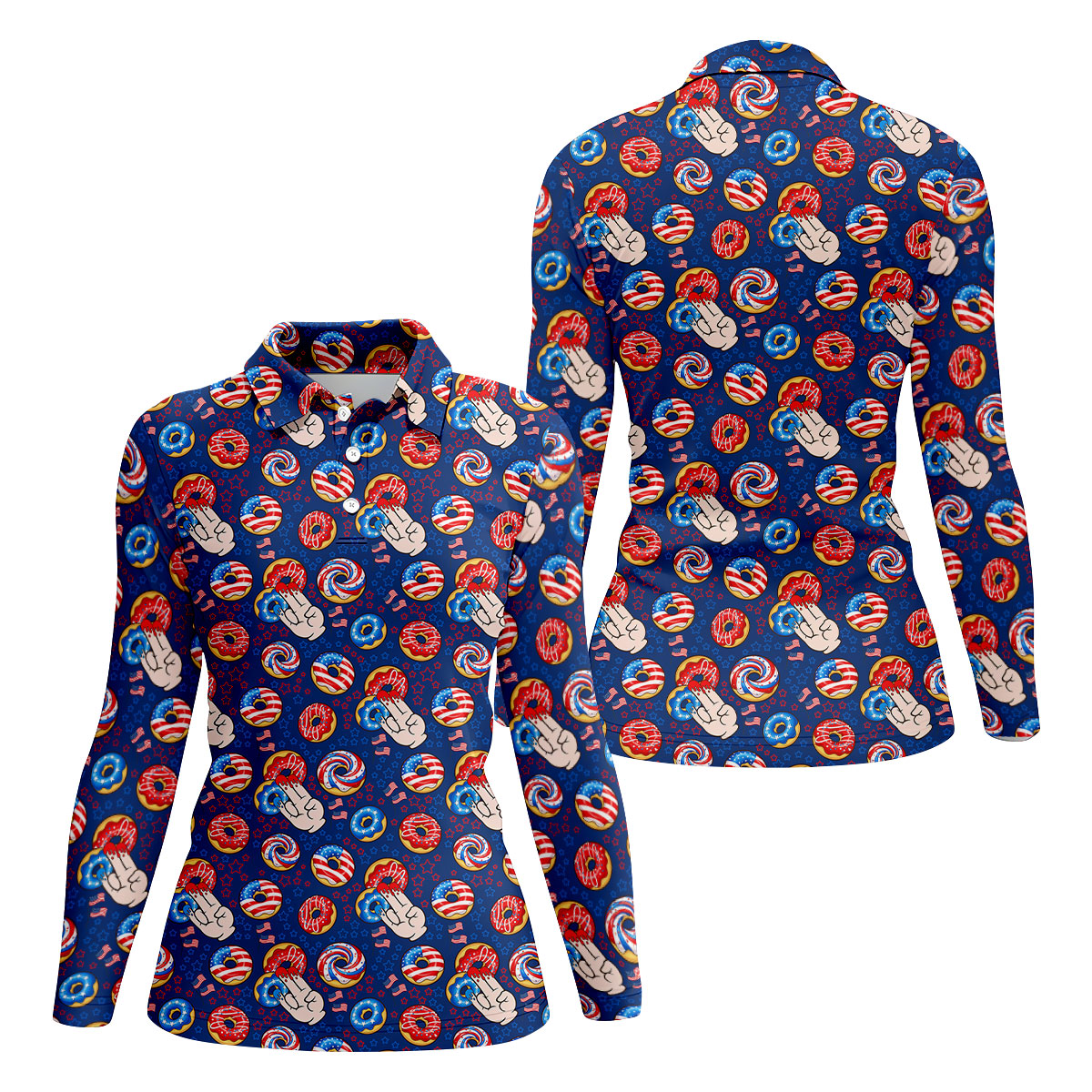 Donut Finger Funny Dirty American Flag Pattern Blue Women Golf Top, 250th Anniversary Patriotic Golf Shirt