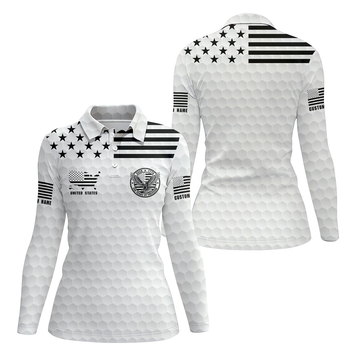 250 Years Of Freedom Golf Ball Pattern White Golf Shirt, 4th Of July Patriotic Golf Shirt For Women