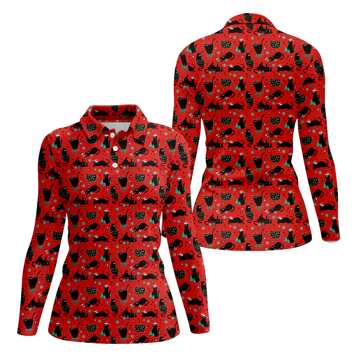 Xmas Black Cat Ladies Golf Tops, Red Golf Shirt, Golf Gifts For Women, Christmas Golf Shirt