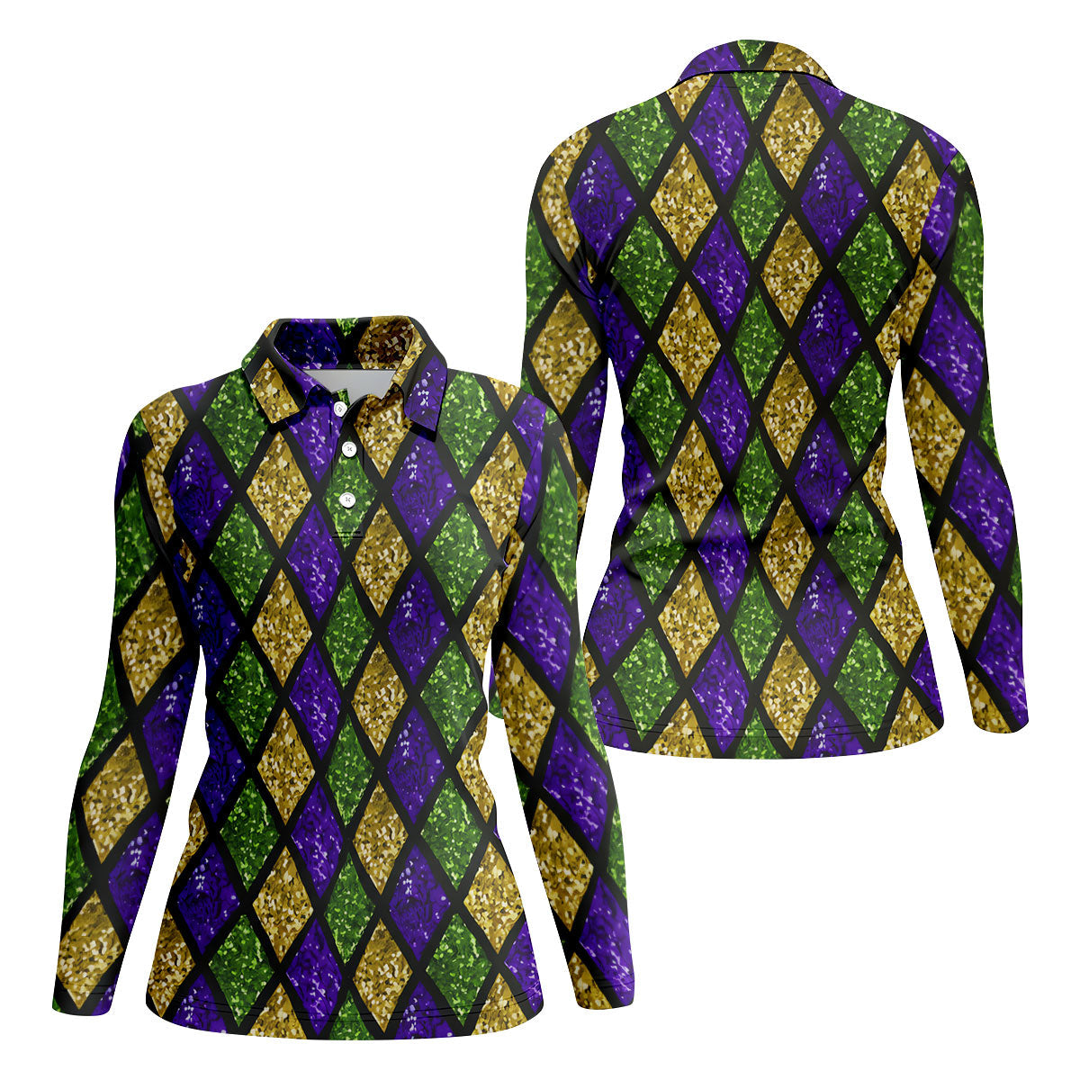 Green Purple Gold Argyle Pattern Sparkling Effect Mardi Gras Golf Shirt, Women's Golf Tops, Ladies Golf Shirts