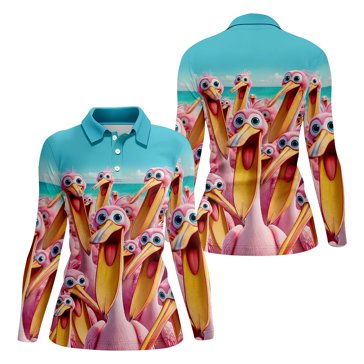 Funny Pink Pelican Beach Crowd Golf Shirt, Women's Golf Shirt, Hawaiian Golf Shirt, Golf Polo For Women