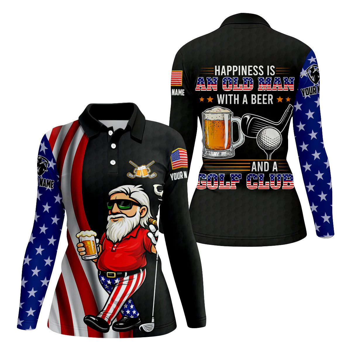 Happiness Is An Old Man With A Beer Funny 4th Of July Black Golf Shirt, 250th Anniversary Women's Golf Tops