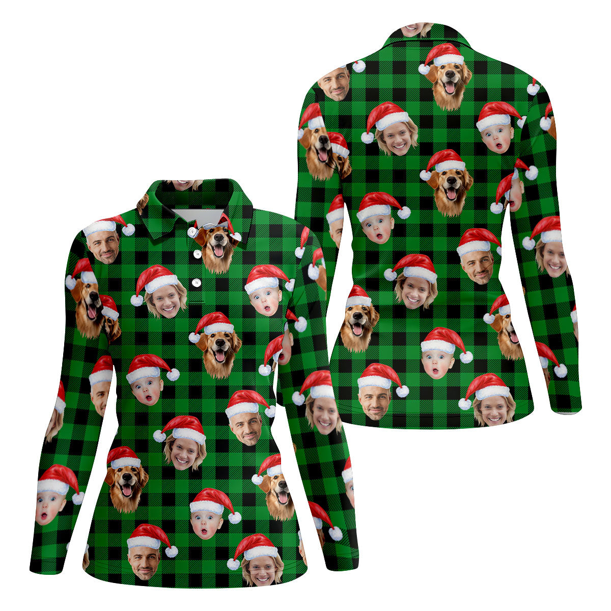 Custom Face Green Buffalo Plaid Christmas Golf Shirt, Ladies Golf Tops, Golf Gifts For Women