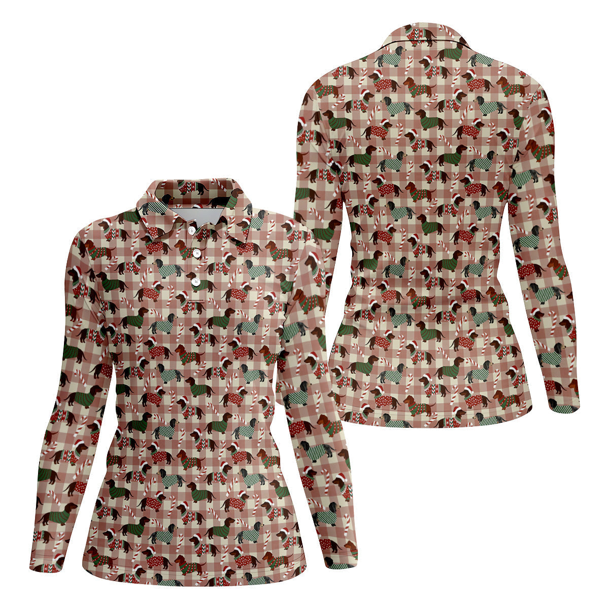 Christmas Dachshund Pink Checkered Women's Golf Tops, Christmas Golf Shirt, Ladies Golf Polos