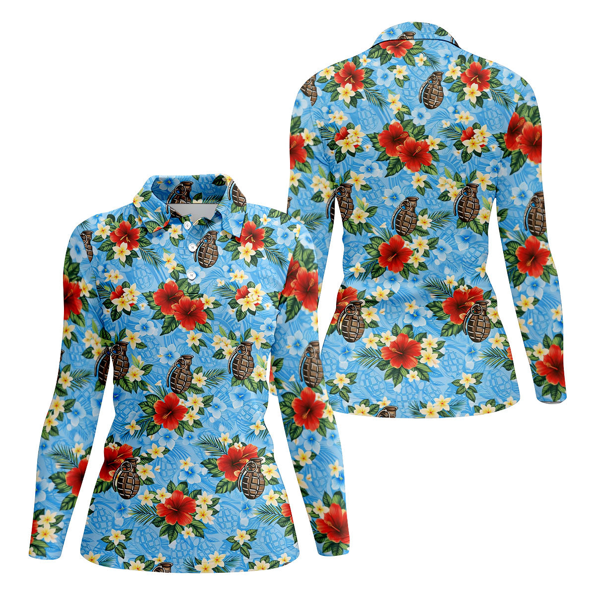 Floral Pattern Army Theme Hawaiian Blue Golf Shirt, Women's Golf Tops, Ladies Golf Shirts