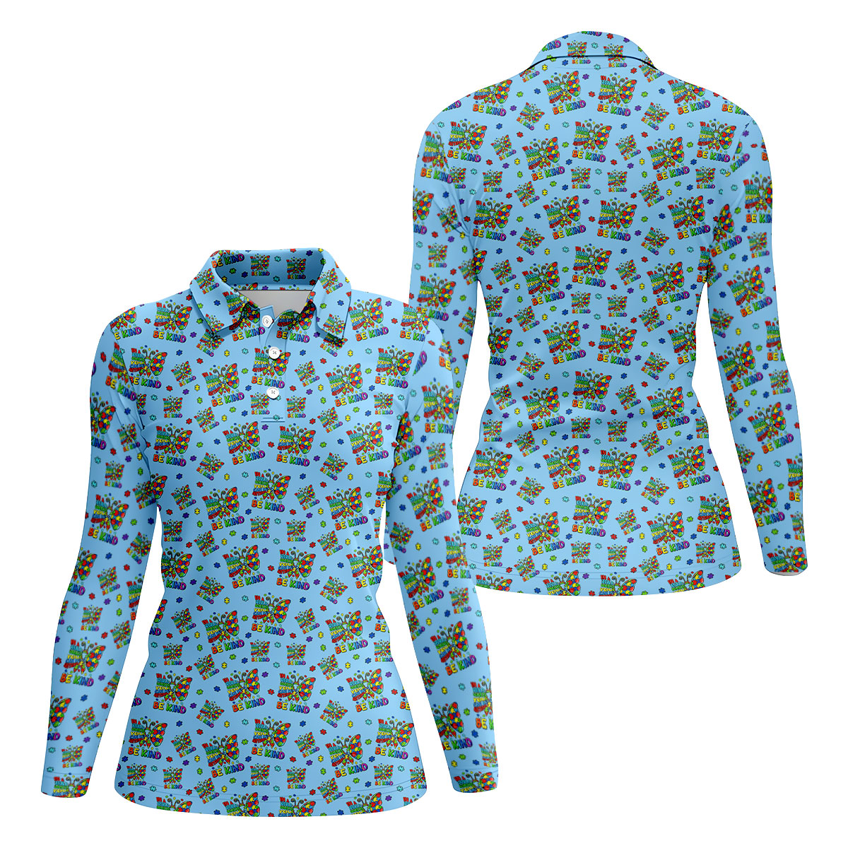 In A World Where You Can Be Anything Be Kind Rainbow Butterfly Autism Awareness Blue Golf Shirt, Women's Golf Tops