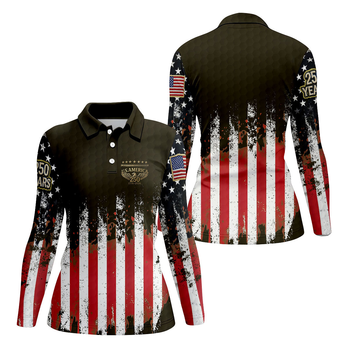 US Bald Eagle Golf Ball Pattern Distressed American Flag Women Golf Top, 250th Anniversary 4th Of July Golf Shirt