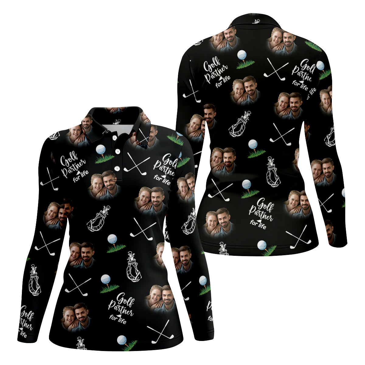 Golf Partner For Life Custom Photo Black Women Golf Top, Valentines Golf Gift, Ladies Golf Polos