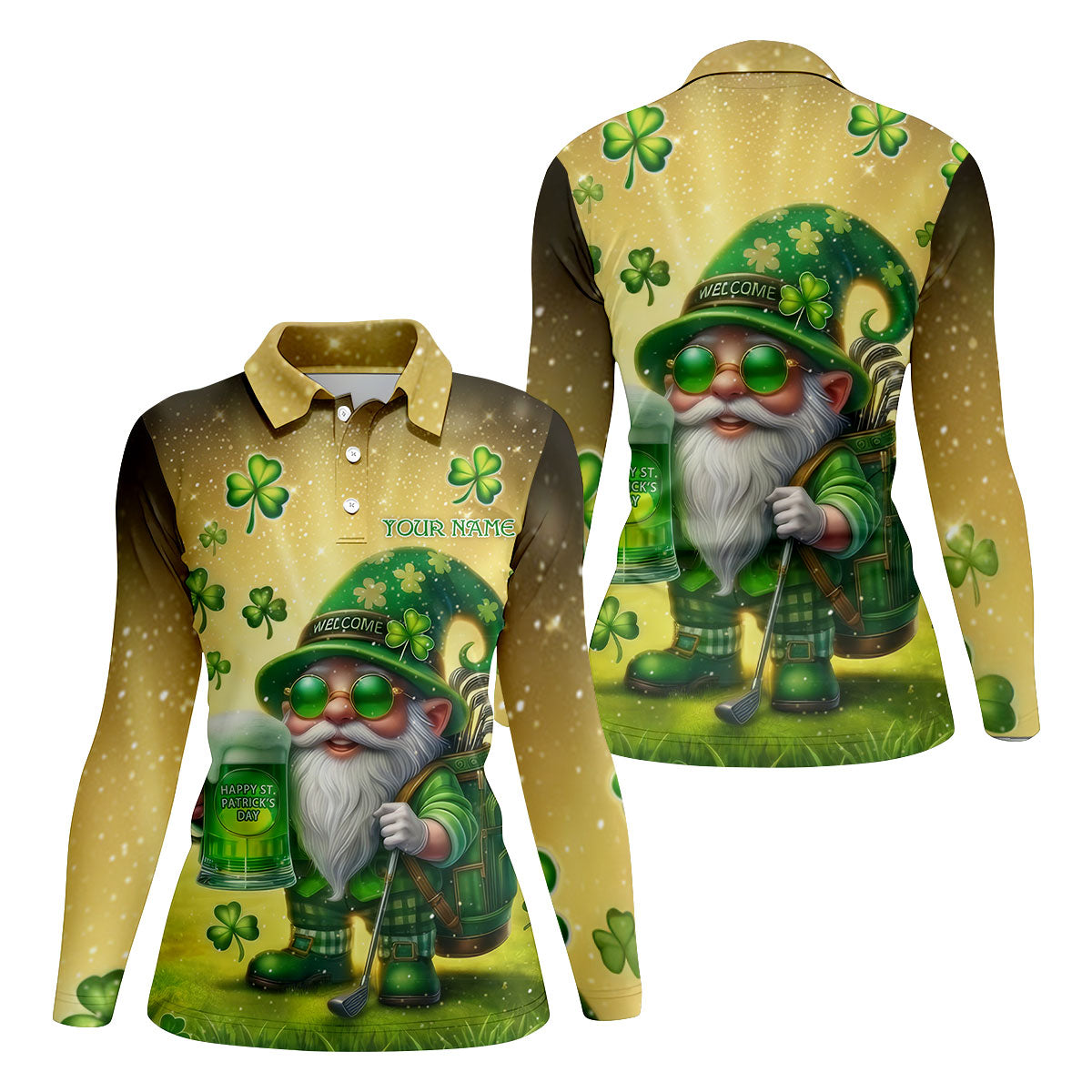 Happy St Patrick's Day Shamrock Gnome Golf And Beer Women's Golf Tops, Ladies Golf Polos