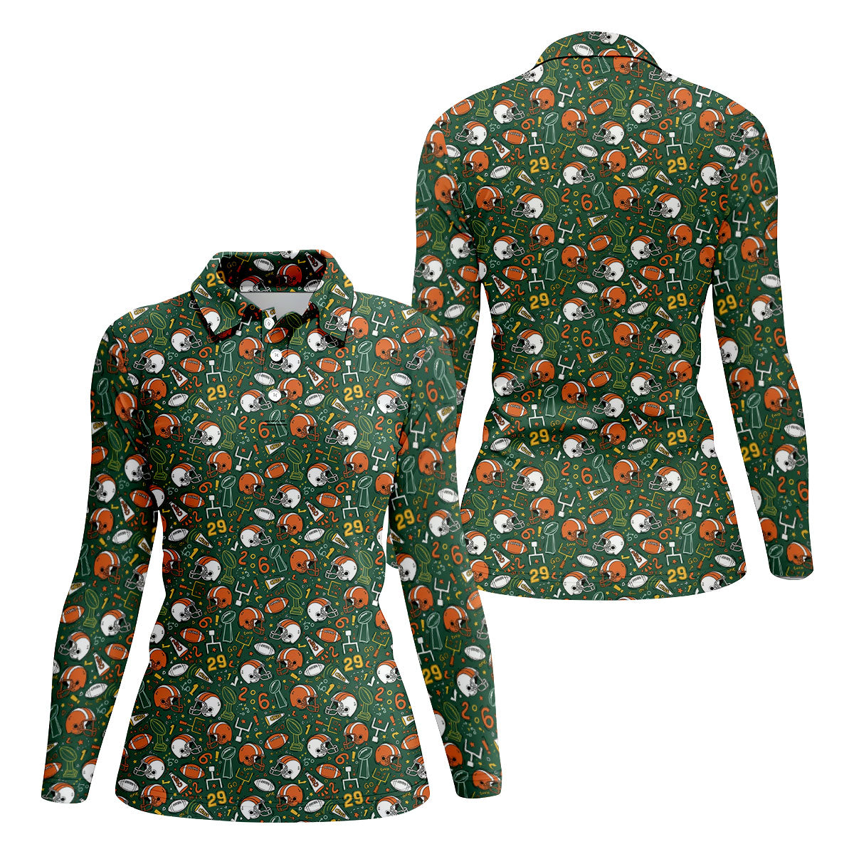 Orange And White Football Helmet Trophy Pattern Game Day Football Theme Women's Green Polo Shirts