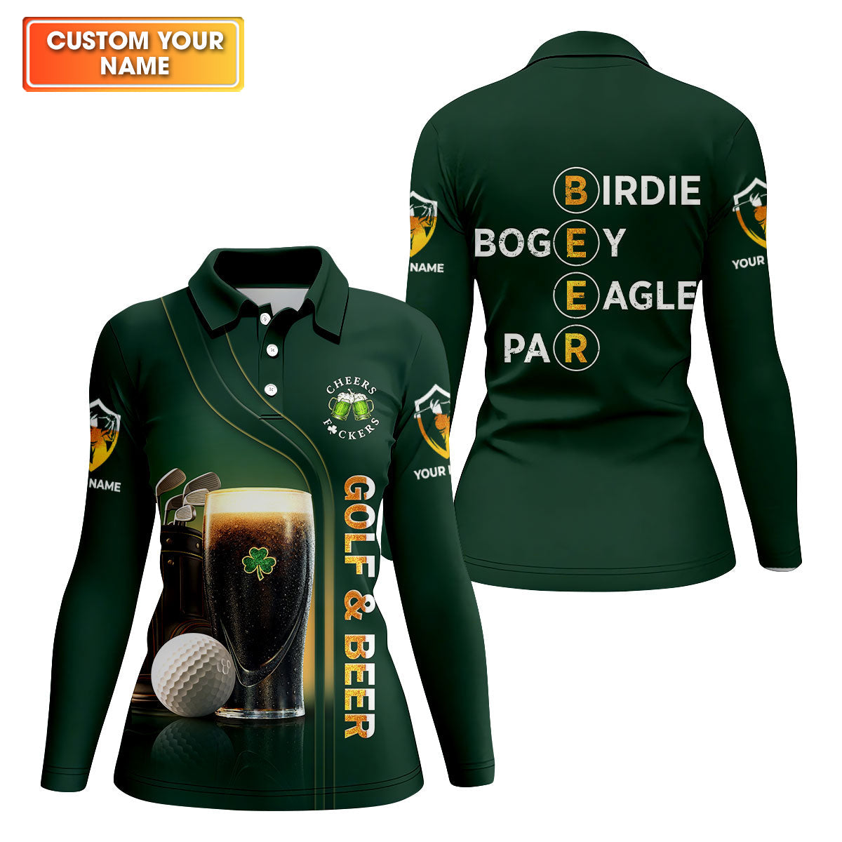 Birdie Bogey Eagle Par Cheers Fckers Golf And Beer St Patrick's Day Green Women's Golf Tops, Ladies Golf Polos