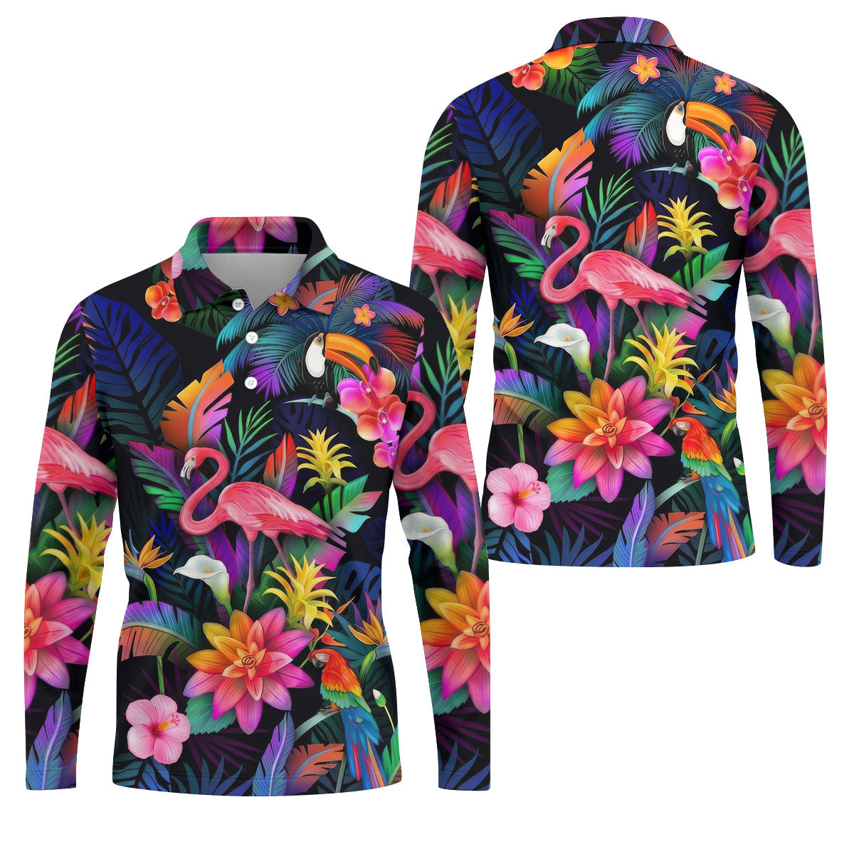 Colorful Tropical Birds And Flamingo Golf Shirt, Mens Golf Polo, Printed Golf Shirts