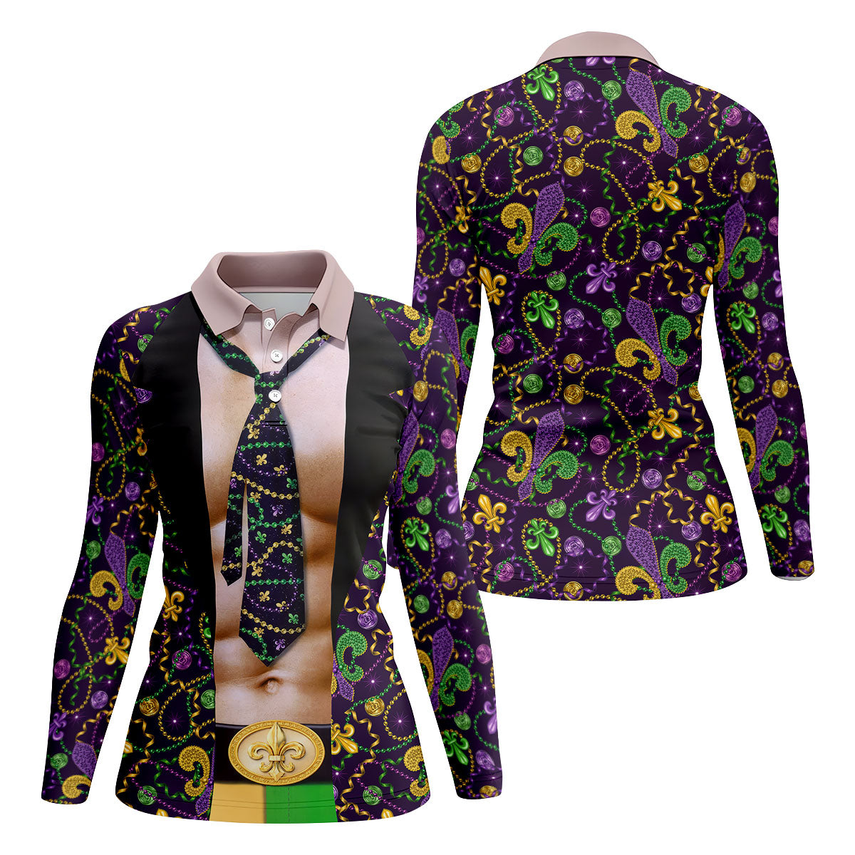 Mardi Gras Purple Green Gold Fleur De Lis Funny Costume Women's Golf Tops, Fun Women's Golf Shirts