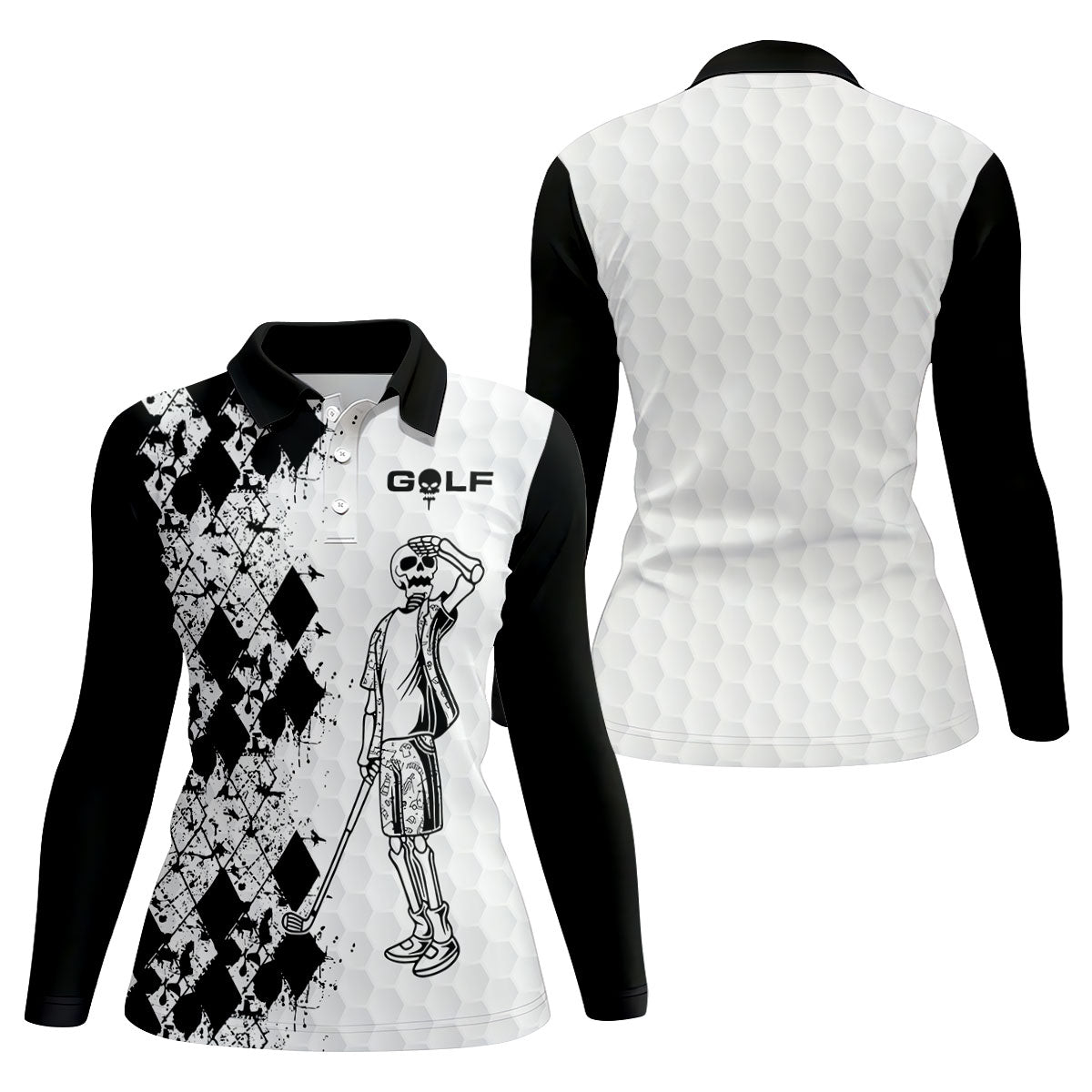 Golf Skeleton Splatter Effect Argyle Pattern Women's Golf Tops, Ladies Golf Shirts