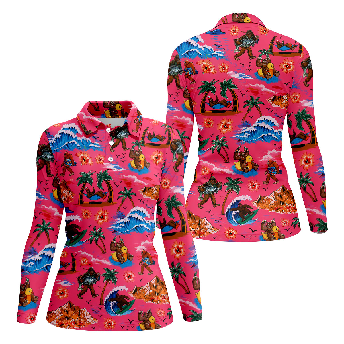 Pink Bigfoot Aloha Beach Vacation Golf Shirt, Golf Polo For Women, Printed Golf Shirt