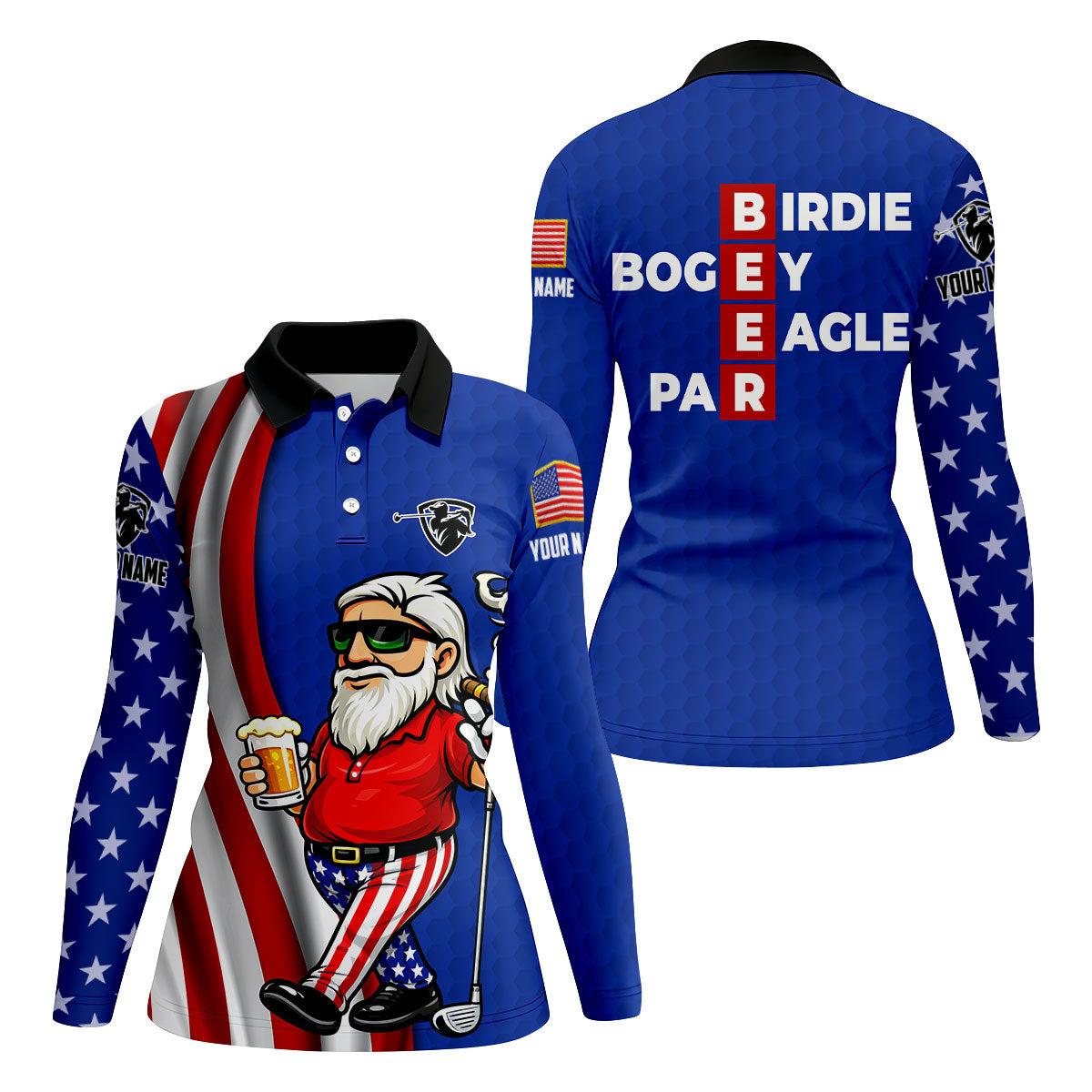 Patriotic Man Golf And Beer Funny 4th Of July Navy Golf Shirt, 250 Years Of America Women's Golf Tops