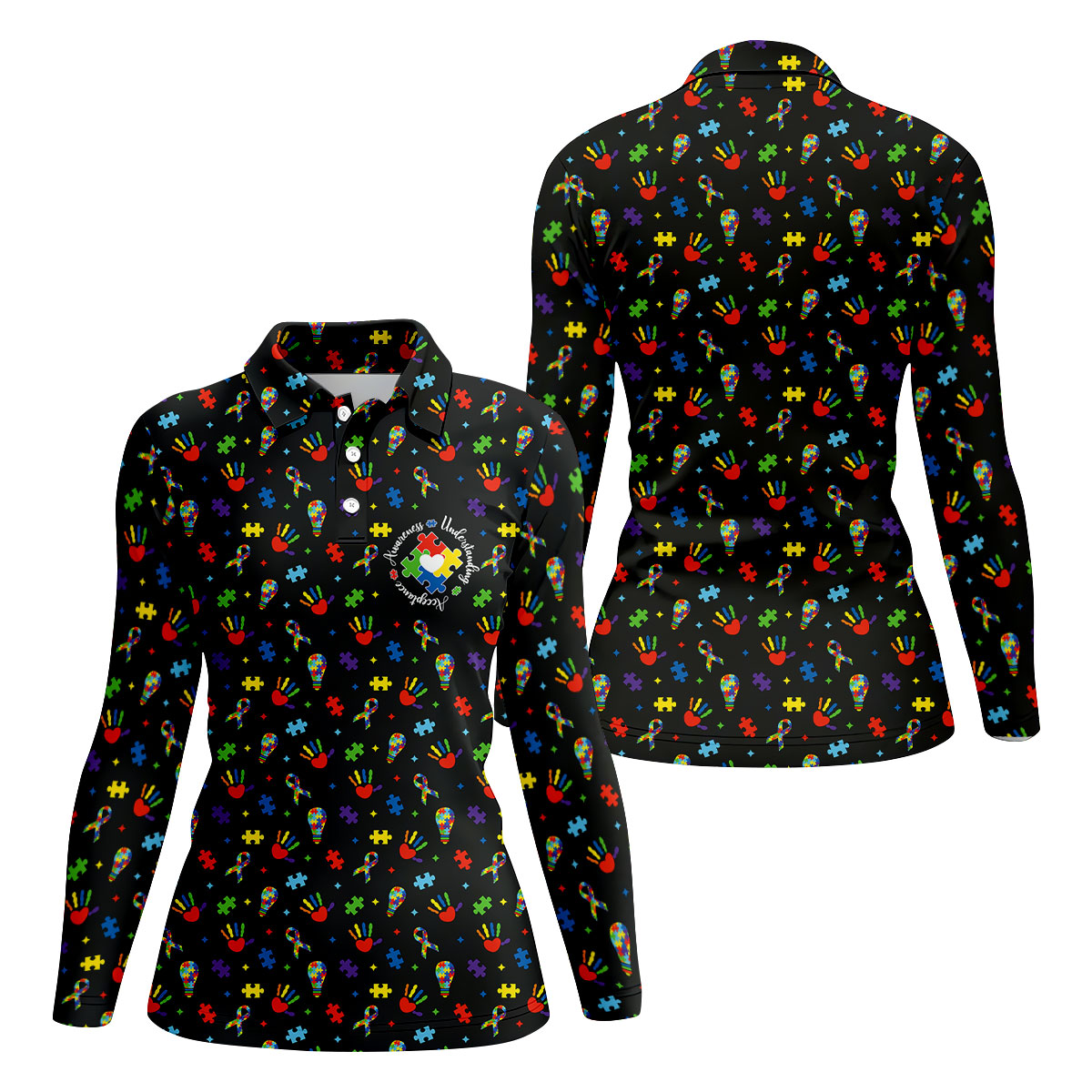 Awareness Understanding Acceptance Autism Ribbon Black Golf Shirt, Autism Awareness Colors Women's Golf Tops
