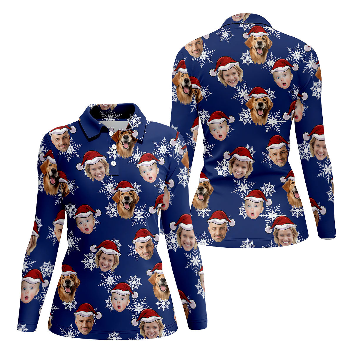 Custom Face Navy Christmas Women's Golf Tops, Ladies Golf Shirts, Christmas Golf Gift