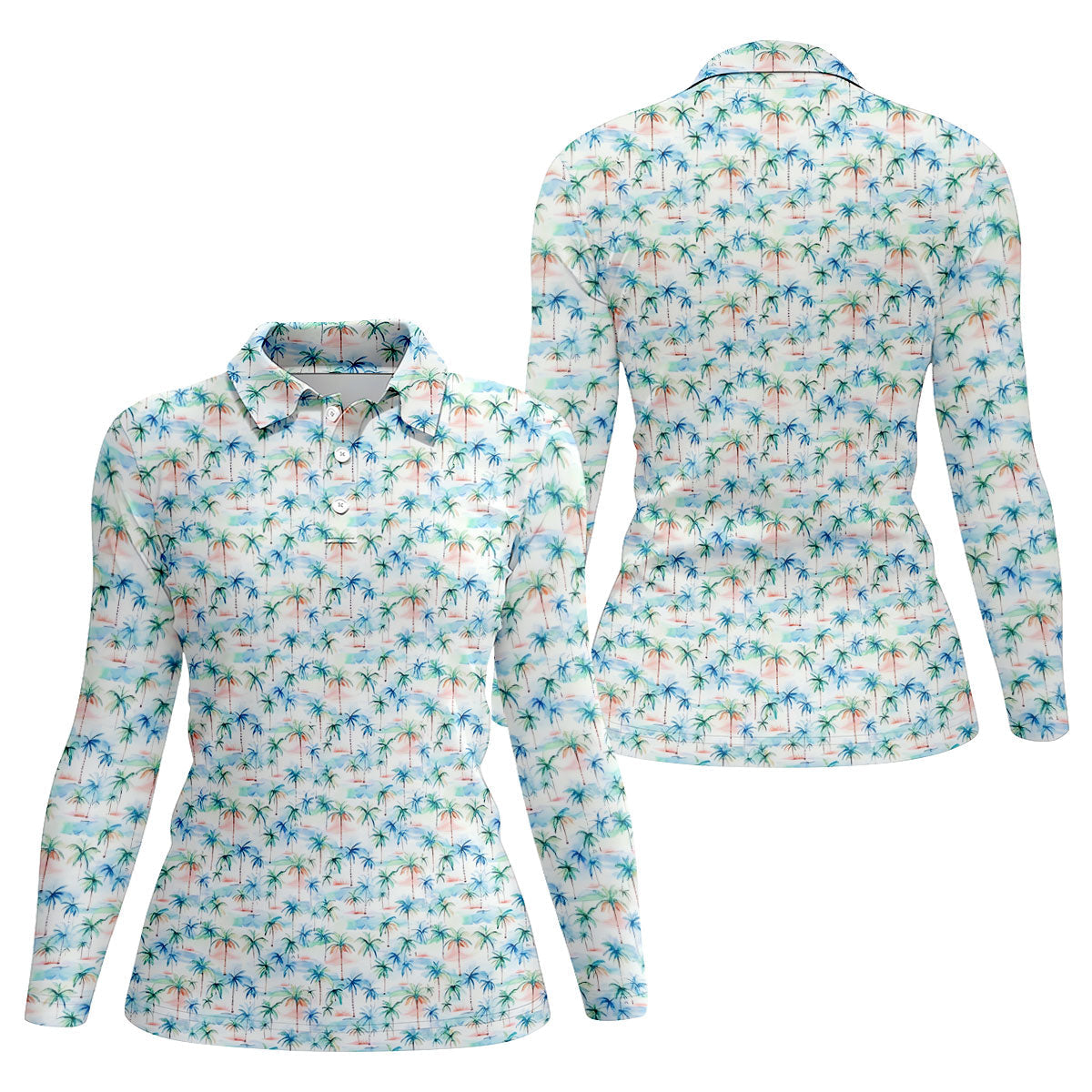 Watercolor Palm Tree Hawaiian Golf Shirt, Summer Vibe Women's Golf Tops, Ladies Golf Shirts