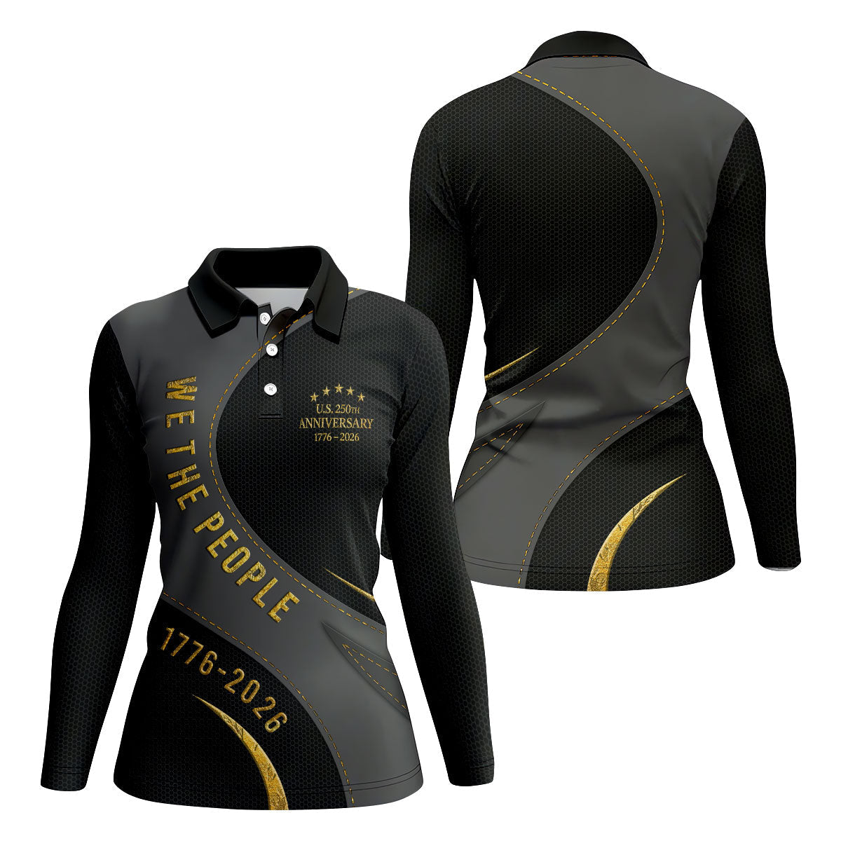 We The People US 250th Anniversary Black And Gold Patriotic Golf Shirt, 4th Of July Golf Shirt For Women