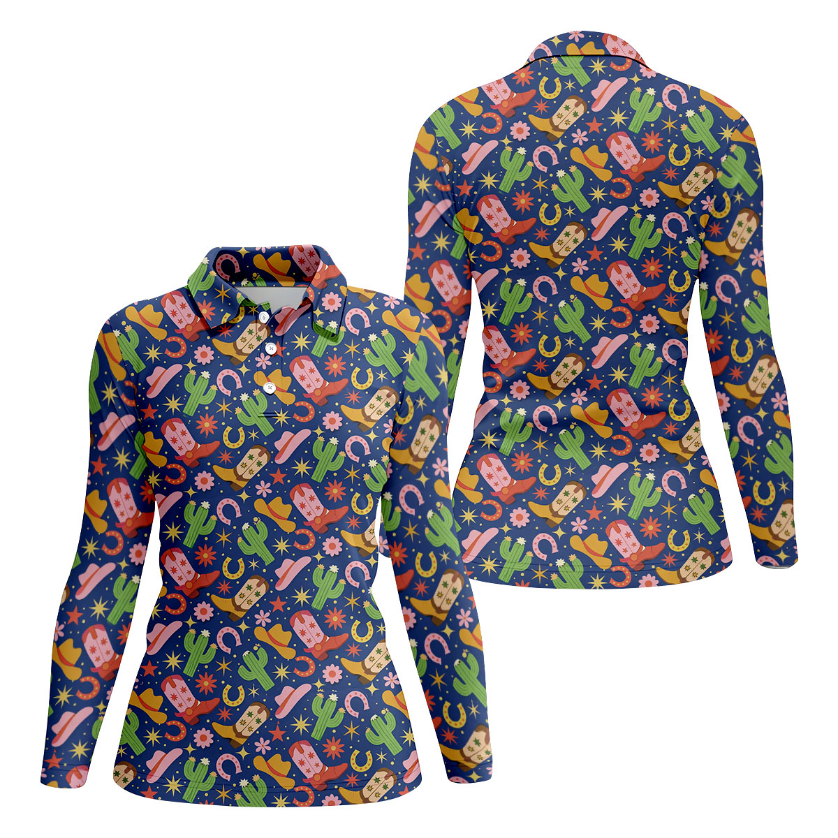 Western Cowboy Golf Shirt, Desert Cactus Horseshoe Pattern, Golf Shirt For Women
