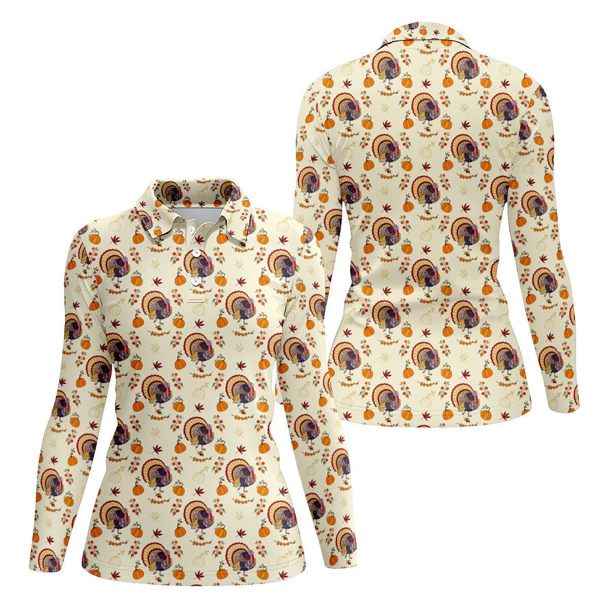 Turkey Pumpkin Thanksgiving Holiday Beige Women's Golf Shirts, Women Golf Top, Ladies Golf Polos