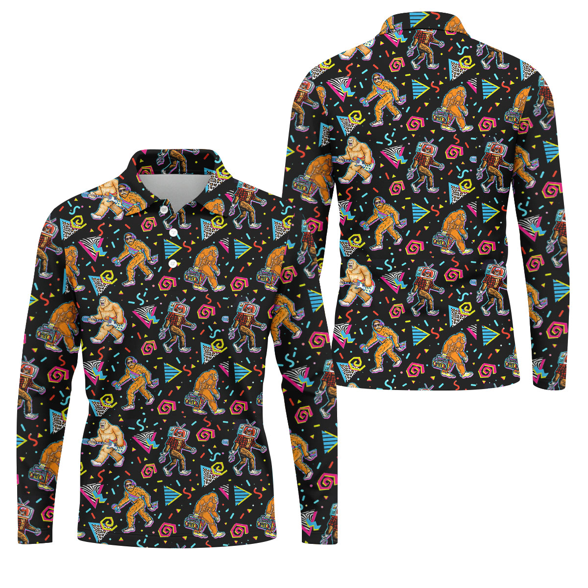 Retro Bigfoot Boombox Pattern Golf Shirt, Men's Golf Shirt, Mens Polo Shirts, Printed Golf Shirts