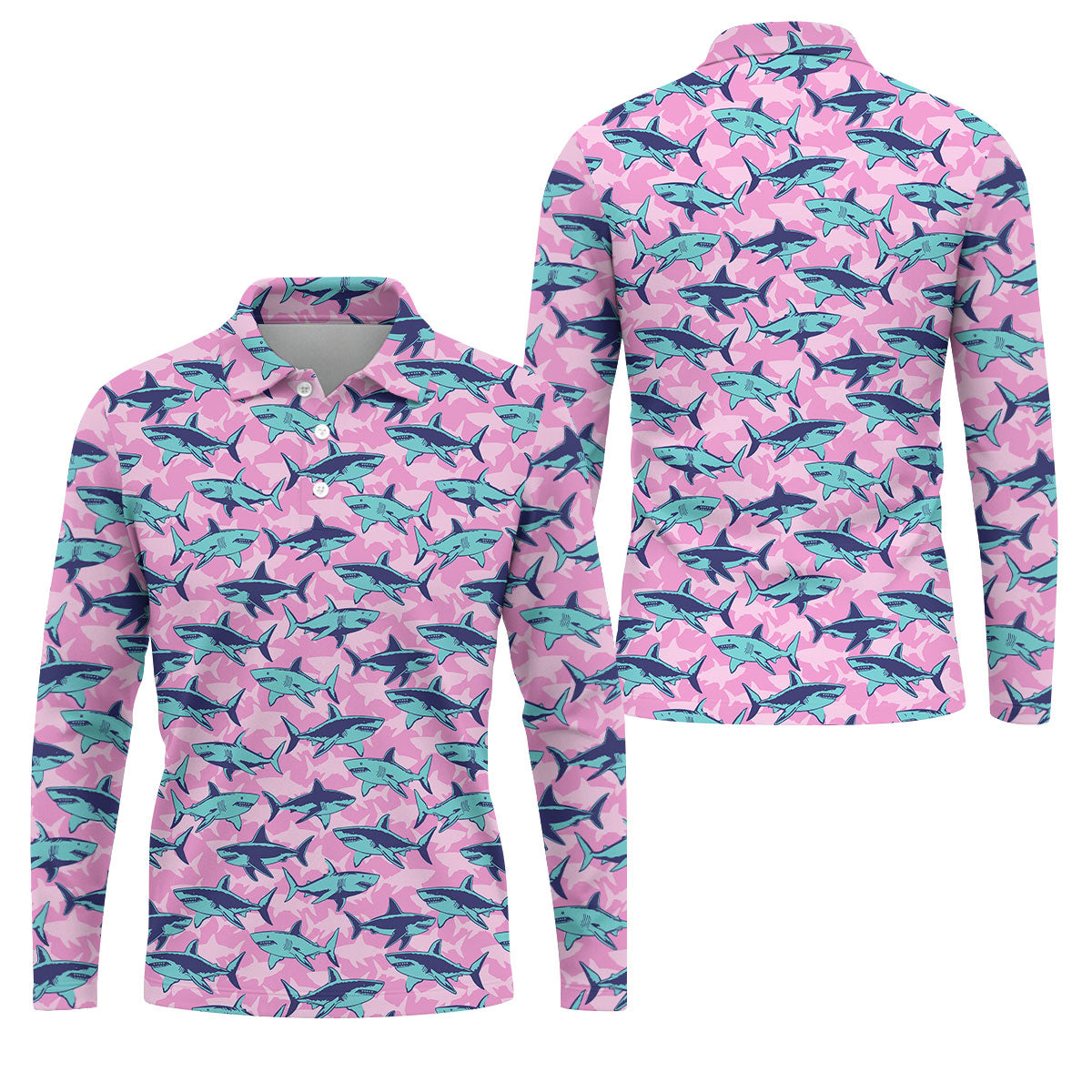 Shark Pattern Hawaiian Golf Shirt, Pink Golf Shirt, Polo Shirts For Men, Golfing Apparel