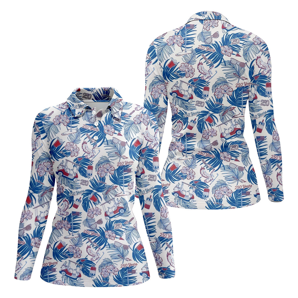 250 Years Red White Blue Tropical Floral Patriotic Golf Shirt, 4th Of July Golf Shirt For Women