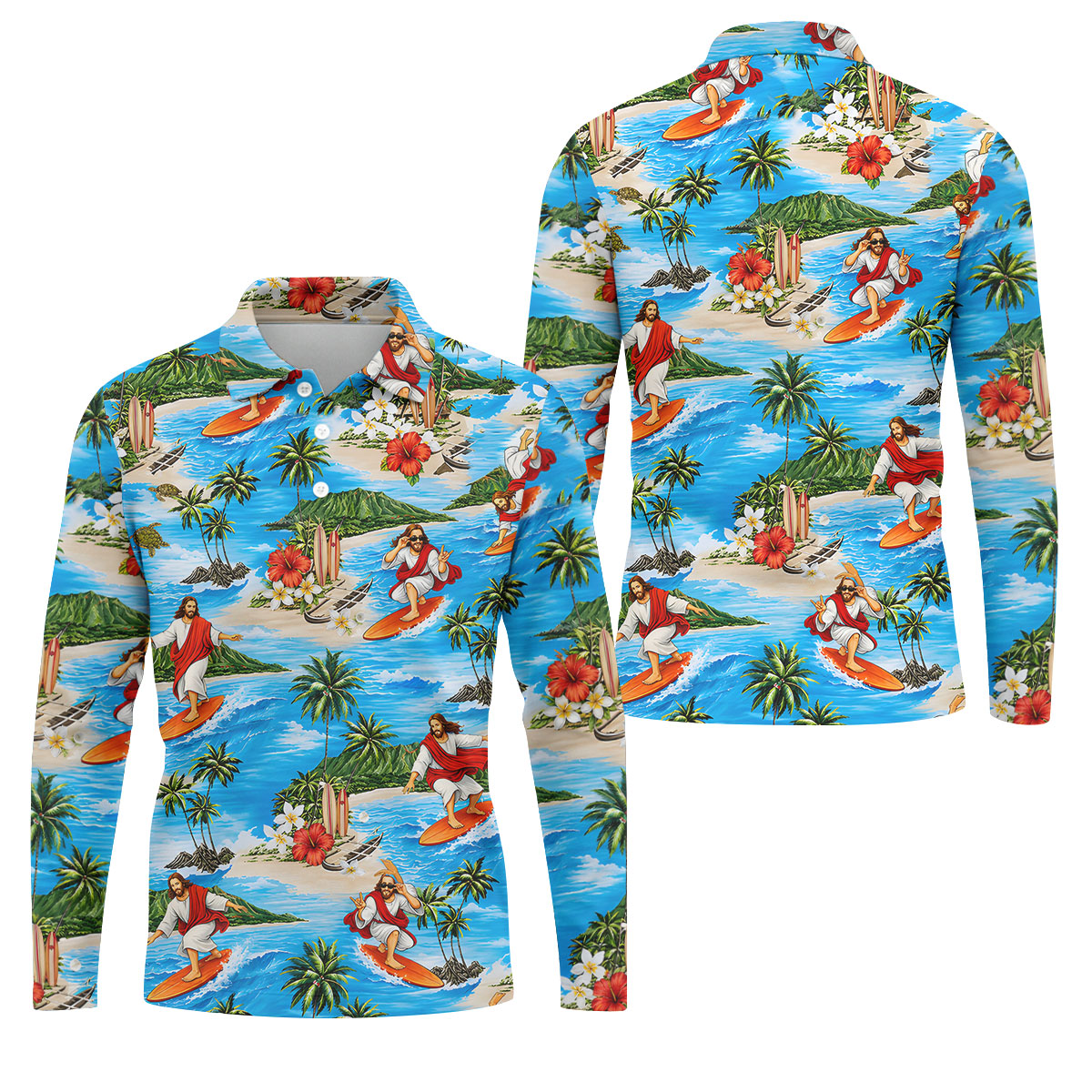 Funny Beach Surfer Jesus Hawaiian Golf Shirt, Mens Golf Polo, Printed Golf Shirts