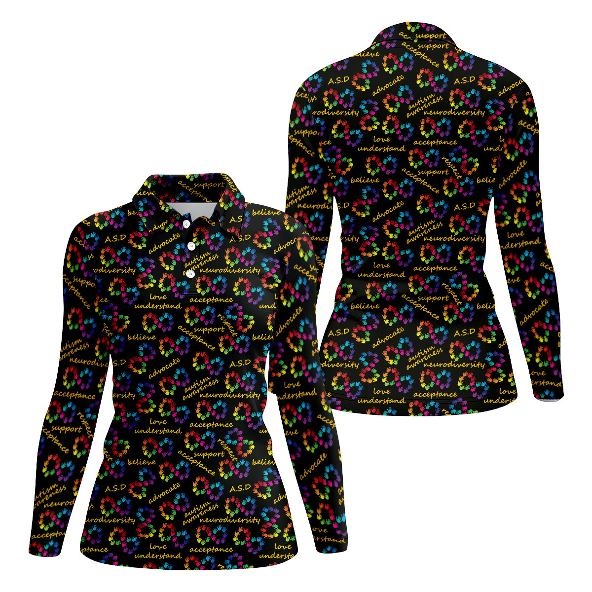 Rainbow Infinity Symbol Autism Awareness Colorful Handprint Women's Golf Tops, Ladies Golf Shirts